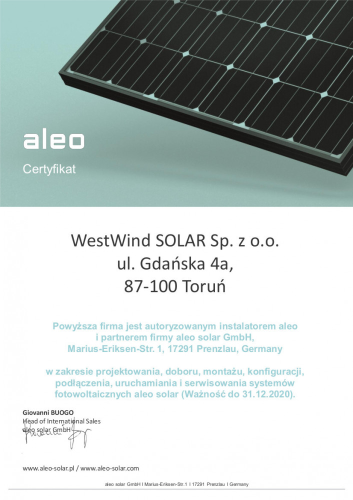 Prestiżowy certyfikat WestWind Solar